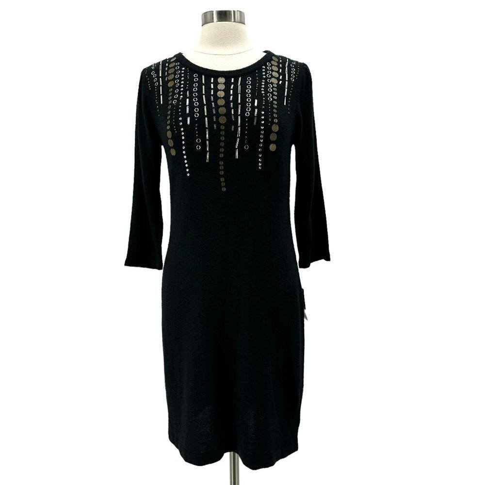 NWT AB Studio Beaded Boho Black Knit Sweater Dress Womens Large